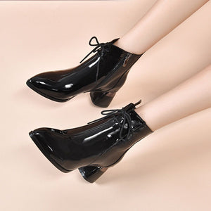 Chunky Heel Pointed Toe Mid Heel Elegant Martin Boots Patent Leather Women Chunky Heel Pointed Toe Mid Heel Elegant Martin Boots Patent Leather Women