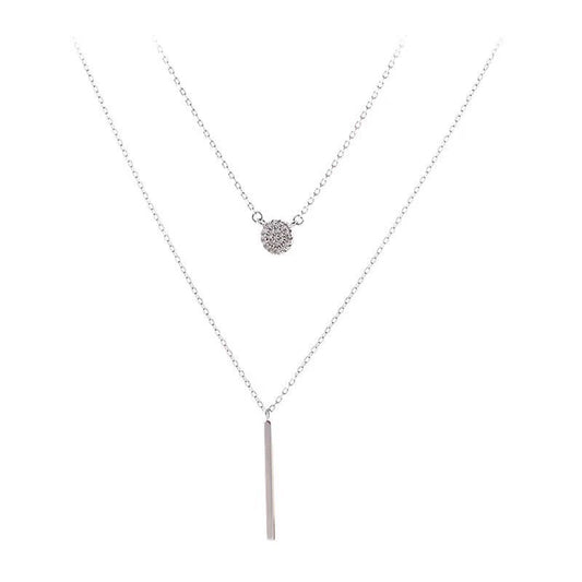 S925 Silver Color Double Chain Long Stick Micro Pave Zircon round Pendant Necklaces for Women Trendy Jewelry